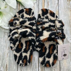 Fuzzy Leopard 2 Band Luxe Step In Comfy Indoor Outdoor Sandals Slippers Shoes 7